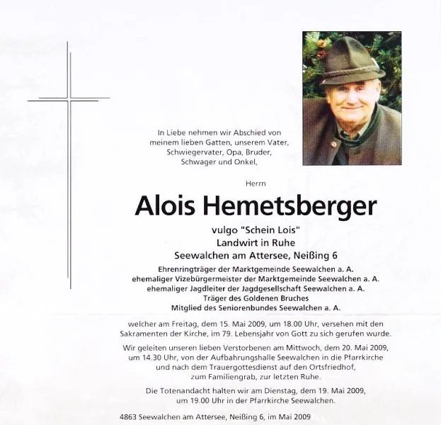 Begräbnis von Herrn Alois Hemetsberger